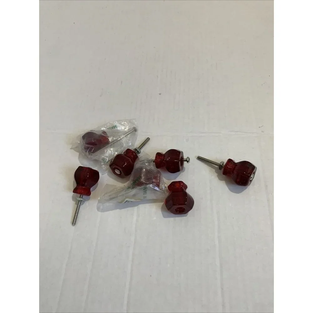 Candy Red Glass Drawer Pulls Cabinet Knobs Vintage Style 1 1/4" SET OF 6 - Picture 8 of 8